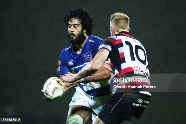 Akira Ioane of Auckland passes the ball out during the round one Mitre 10 Cup match between Counties Manukau and Auckland at ECOLight Stadium on...