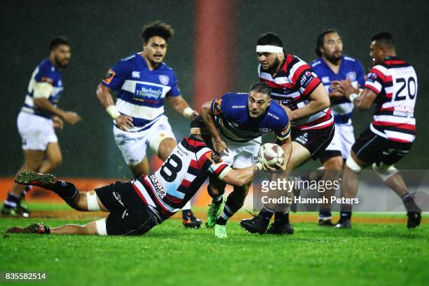 Daniel Bowden of Auckland charges forward during the round one Mitre 10 Cup match between Counties Manukau and Auckland at ECOLight Stadium on August...