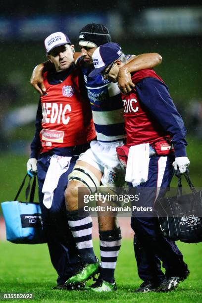 Jameson Fa'anana-Shultz of Auckland is taken off injured during the round one Mitre 10 Cup match between Counties Manukau and Auckland at ECOLight...