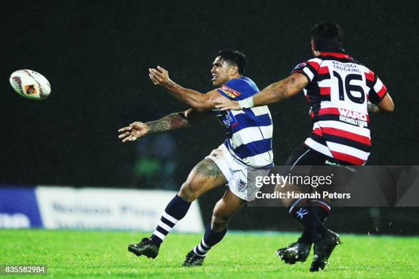 Malakai Fekitoa of Auckland passes the ball out during the round one Mitre 10 Cup match between Counties Manukau and Auckland at ECOLight Stadium on...