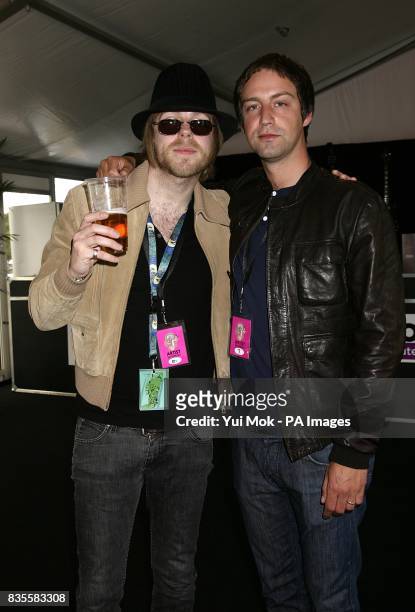 Joel Stoker and Lucus Crowther of The Rifles are interviewed backstage at the Isle of Wight festival, in Newport on the Isle of Wight.