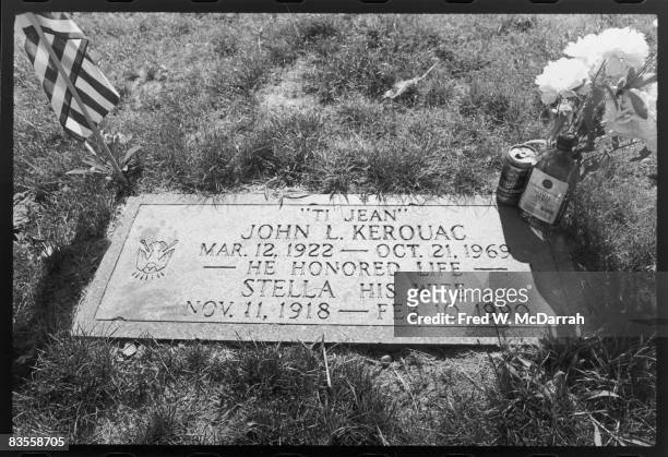 Close-up of the headstone at the grave of American author Jack Kerouac and his wife, Stella, Lowell, Massachussets, June 21, 1995. The stone reads...