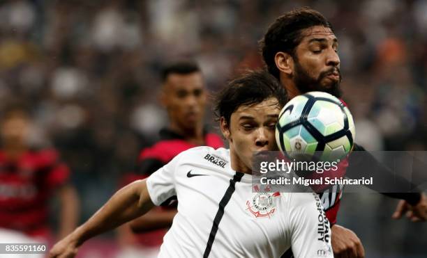 Romero of Corinthians vies the ball with Wallace of Vitoria during the match between Corinthians and Vitoria for the Brasileirao Series A 2017 at...