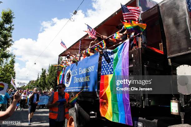 Participants from the US Embassy are seen during Copenhagen Pride Parade on August 19, 2017 in Copenhagen, Denmark. According to authorities, about...