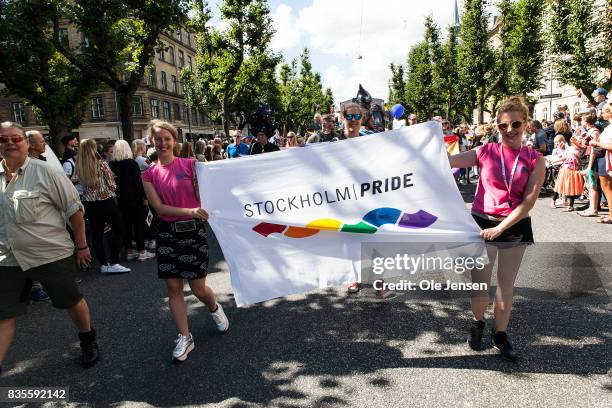 Participants are seen at the Copenhagen Pride Parade on August 19, 2017 in Copenhagen, Denmark. According to authorities, about 300,000 spectators...