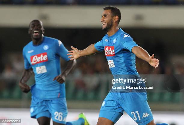 Faouzi Ghoulam of SSC Napoli celebrates his goal during the Serie A match between Hellas Verona and SSC Napoli at Stadio Marcantonio Bentegodi on...