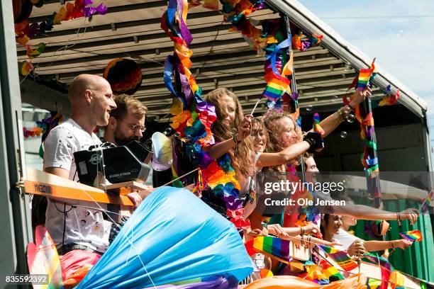 Participants are seen at the Copenhagen Pride Parade on August 19, 2017 in Copenhagen, Denmark. According to authorities, about 300,000 spectators...