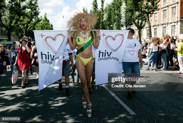 Participants are seen at the Copenhagen Pride Parade on August 19, 2017 in Copenhagen, Denmark. According to authorities, about 300,000 spectators...