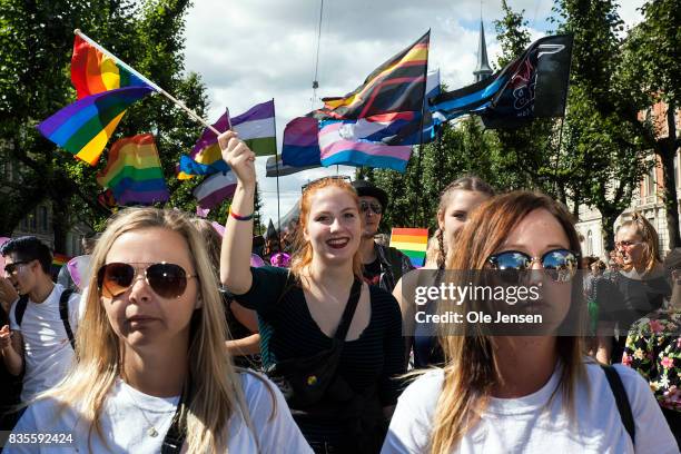 Participants are seen at the Copenhagen Pride Parade on August 19, 2017 in Copenhagen, Denmark. According to authorities, about 300,000 spectators...