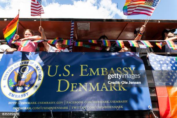 Participants from the US Embassy are seen during Copenhagen Pride Parade on August 19, 2017 in Copenhagen, Denmark. According to authorities, about...