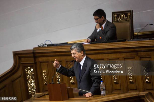 Henry Ramos Allup, former president of the National Assembly, center, speaks during a special session of the National Assembly of Caracas, Venezuela,...