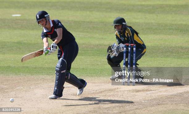 England's Charlotte Edwards drives the ball during the ICC Women's World Twenty20 match at The County Ground, Taunton.