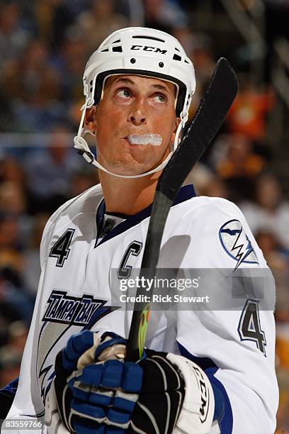 Vincent Lecavalier of the Tampa Bay Lightning looks on during the game against the Buffalo Sabres on October 30, 2008 at HSBC Arena in Buffalo, New...