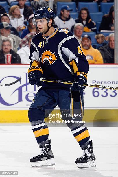 Clarke MacArthur of the Buffalo Sabres skates during the game against the Tampa Bay Lightning on October 30, 2008 at HSBC Arena in Buffalo, New York.