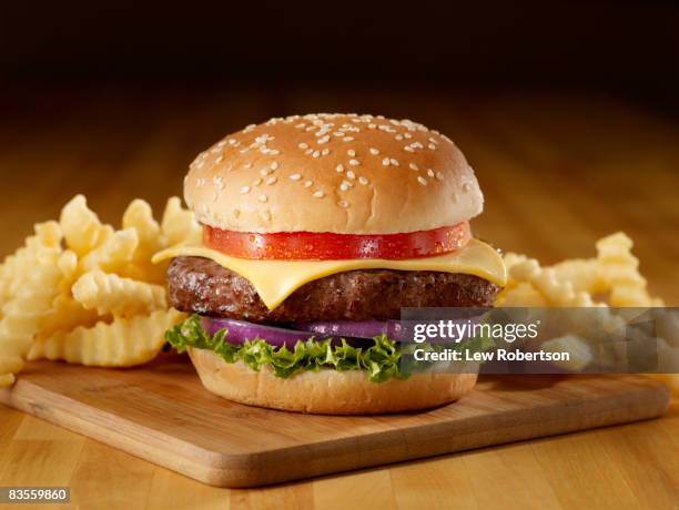 hamburger with french fries - fast food french fries stock-fotos und bilder