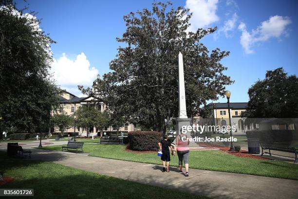 Granite obelisk monument commemorating the Battle of Olustee where 151 Confederate were killed is seen in front of the Columbia County courthouse in...