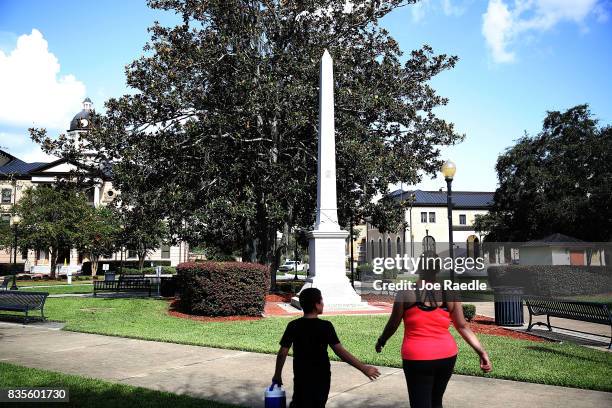 Granite obelisk monument commemorating the Battle of Olustee, where 151 Confederate were killed, is seen in front of the Columbia County courthouse...