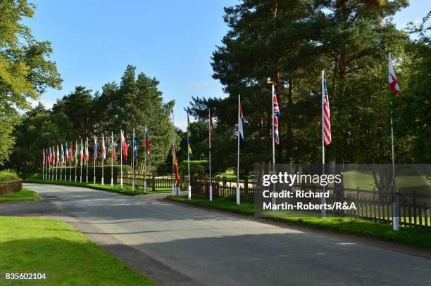 General View of the National Flags of the competitors, with the Spanish flag at half mast in honour of the Barcelona terror attacks during the Girls'...