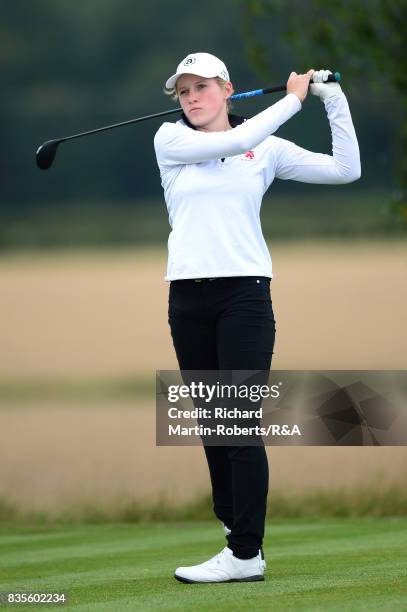 Paula Kimer of Germany tees off during her semi-final match during the Girls' British Open Amateur Championship at Enville Golf Club on August 19,...