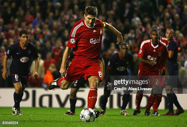 Steven Gerrard of Liverpool scores an equalising goal from the penalty spot during the UEFA Champions League Group D match between Liverpool and...