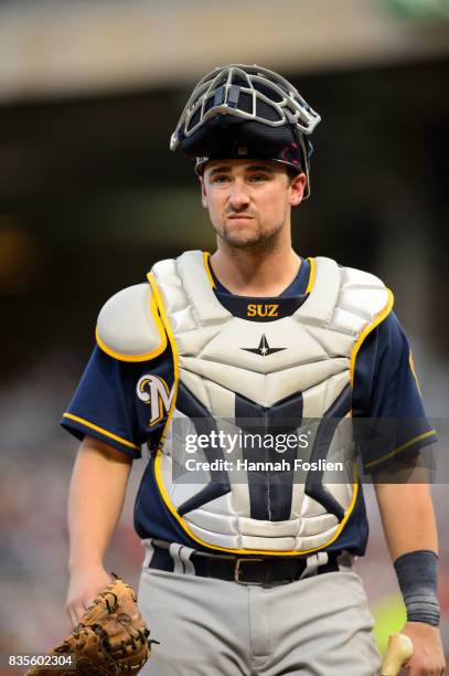 Andrew Susac of the Milwaukee Brewers looks on while catching the game against the Minnesota Twins during the game on August 7, 2017 at Target Field...