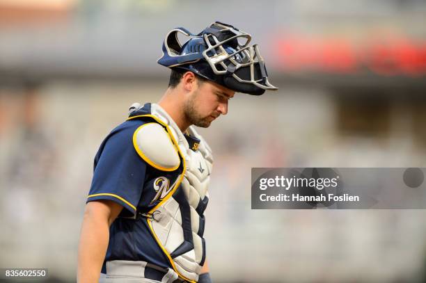 Andrew Susac of the Milwaukee Brewers looks on while catching the game against the Minnesota Twins during the game on August 7, 2017 at Target Field...