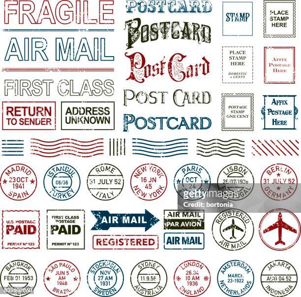 ilustrações de stock, clip art, desenhos animados e ícones de vintage postage and postmark icon set - stamp
