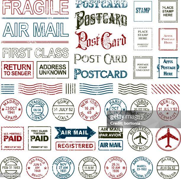 vintage postage and postmark icon set - postcard stock illustrations