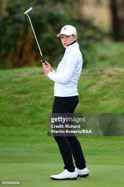 Paula Kimer of Germany reacts to a missed putt during her semi-final match during the Girls' British Open Amateur Championship at Enville Golf Club...