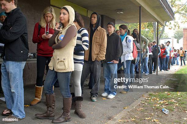 Students and other resident voters wait in line to vote on Election Day outside of the Penrose Recreation Center on November 4, 2008 in Philadelphia,...