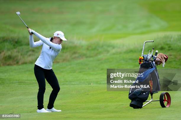 Paula Kimer of Germany hits an approach shot during her semi-final match during the Girls' British Open Amateur Championship at Enville Golf Club on...