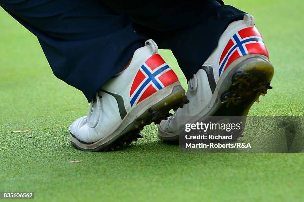 Detail View of the Norwegian flags on the golf shoes of Emilie Overas of Norway during the final of the Girls' British Open Amateur Championship at...