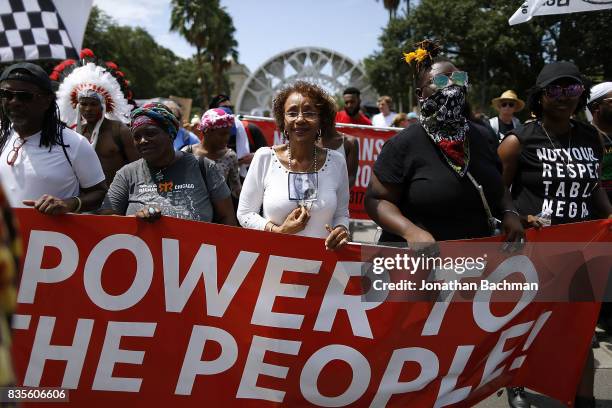 Protesters march during a demonstration on August 19, 2017 in New Orleans, Louisiana. The rally was held in solidarity with Charlottesville, where...