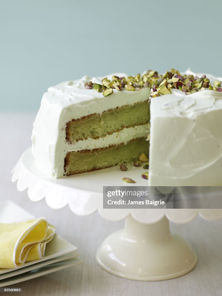 Elegant Pistachio cake on dining table