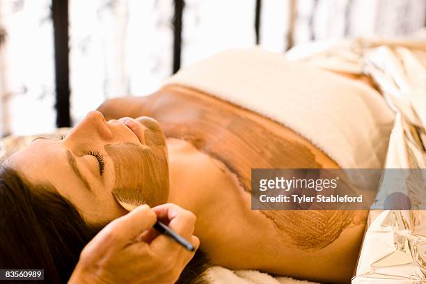 a woman receives a mud mask treatment. - kosmetik gesicht pinsel stock-fotos und bilder