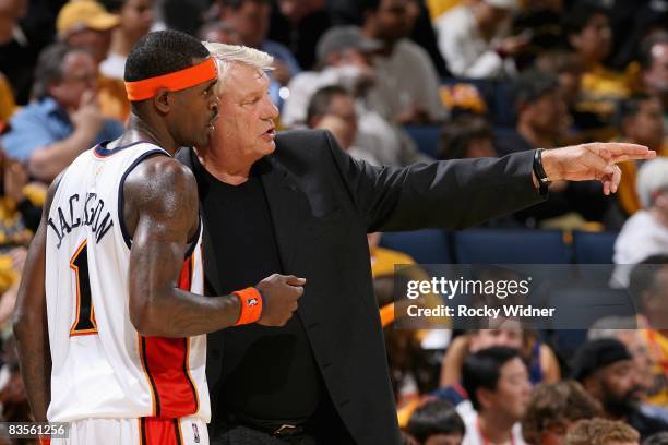 Stephen Jackson talks to head coach Don Nelson of the Golden State Warriors during the game against the New Orleans Hornets on October 29, 2008 at...