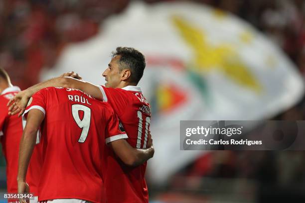Benfica's forward Jonas from Brasil celebrates scoring Benfica fourth goal with Benfica's forward Raul Jimenez from Mexico during the match between...