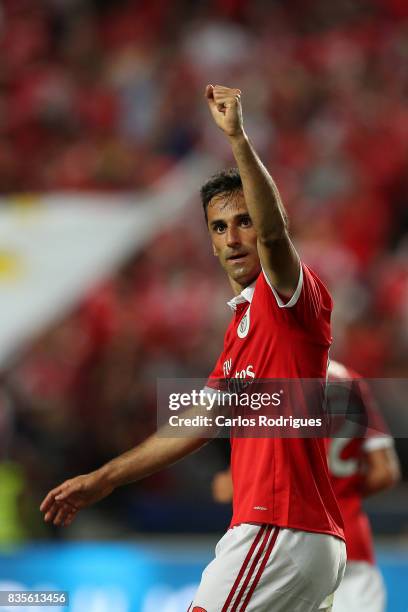 Benfica's forward Jonas from Brasil celebrates scoring Benfica fourth goal during the match between SL Benfica and CF Belenenses for the third round...