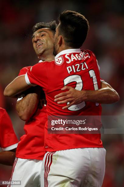Benfica's forward Jonas from Brasil celebrates scoring Benfica fifth goal with Benfica's forward Pizzi from Portugal during the match between SL...