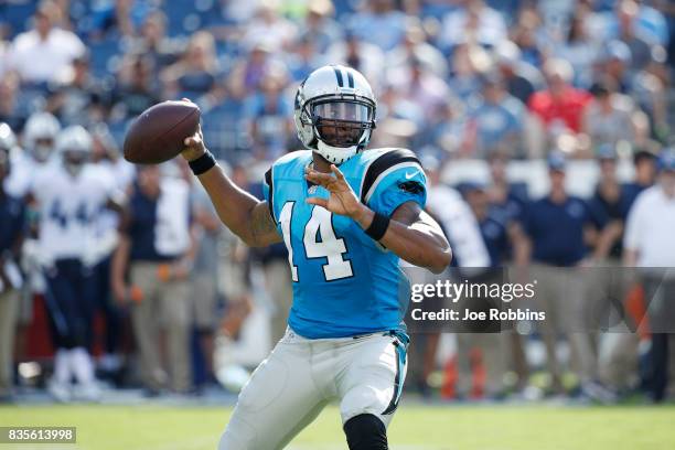 Joe Webb of the Carolina Panthers looks to pass in the third quarter of a preseason game against the Tennessee Titans at Nissan Stadium on August 19,...