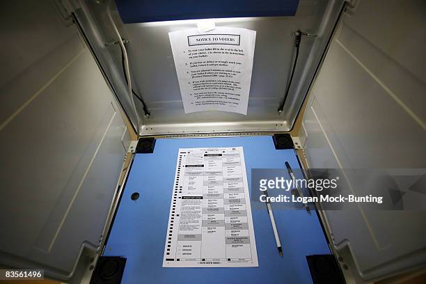 Paper ballot lays in a private voting booth at a polling station on November 4, 2008 in Wrightsville Beach, North Carolina. After nearly two years of...