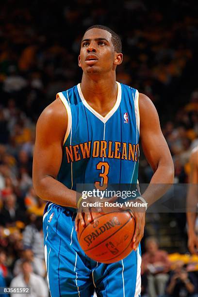 Chris Paul of the New Orleans Hornets shoots a free throw during the game against the Golden State Warriors on October 29, 2008 at Oracle Arena in...