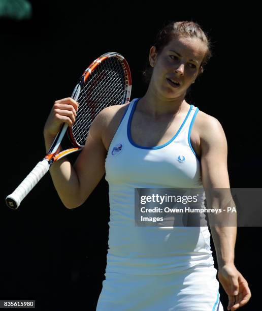 Great Britain's Katie O'Brien reacts during her match against Czech Republic's Iveta Benesova during the 2009 Wimbledon Championships at the All...