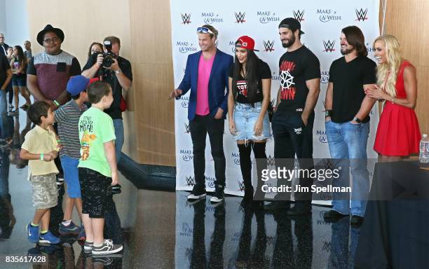 Dolph Ziggler, Nikki Bella, Seth Rollins, A.J. Styles and Dana Warrior surprise wish kids at the WWE Superstars Surprise Make-A-Wish Families at One...