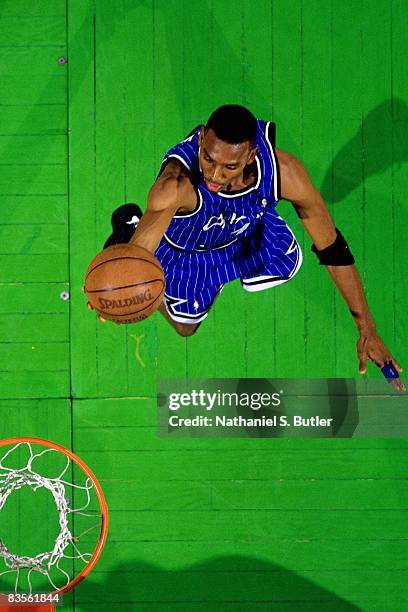 Anfernee "Penny" Hardaway of the Orlando Magic shoots a layup in Game Four of the 1995 NBA Eastern Conference Quarterfinals against the Boston...