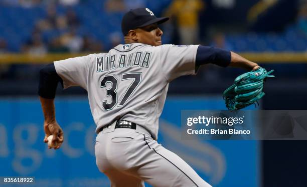 Pitcher Ariel Miranda of the Seattle Mariners pitches during the first inning of a game against the Tampa Bay Rays on August 19, 2017 at Tropicana...