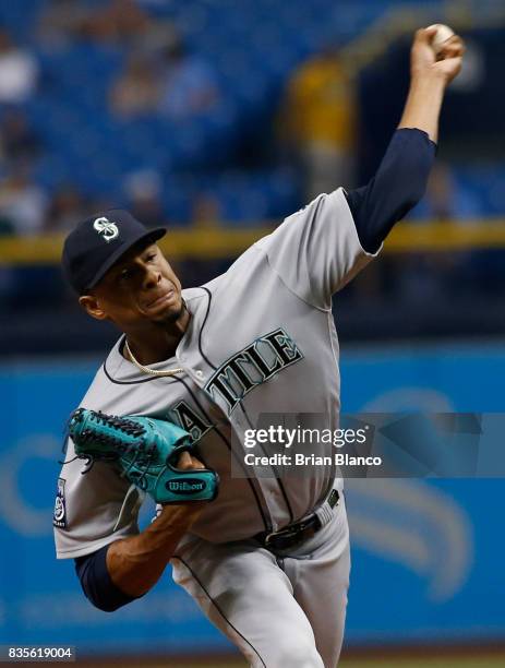 Pitcher Ariel Miranda of the Seattle Mariners pitches during the first inning of a game against the Tampa Bay Rays on August 19, 2017 at Tropicana...