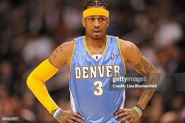 Allen Iverson of the Denver Nuggets looks on during the game against the Los Angeles Clippers at Staples Center on Octoer 31, 2008 in Los Angeles,...