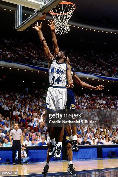 Anthony Bowie of the Orlando Magic shoots a layup in Game One of the 1995 NBA Eastern Conference Finals against the Indiana Pacers at the Orlando...
