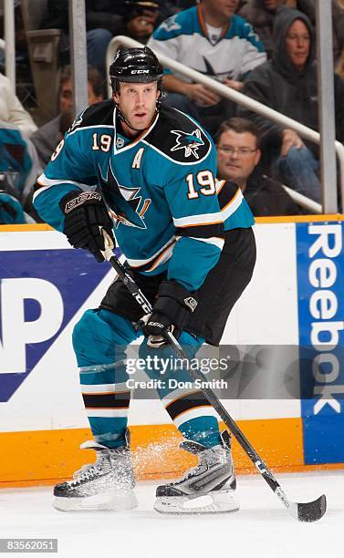 Joe Thornton of the San Jose Sharks looks to get a pass during an NHL game against the Detroit Red Wings on October 30, 2008 at HP Pavilion at San...